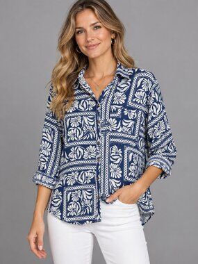 NWT Tahari Linen Blend Blue & White Floral Print Button-Down Shirt L Resort Wear